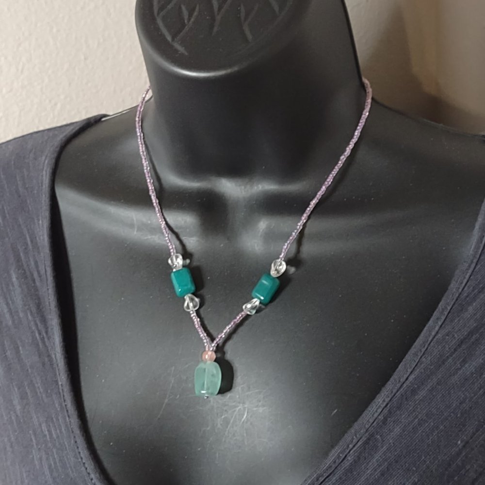 18 Inch Glass, Plastic, And Green Stone Bead Necklace